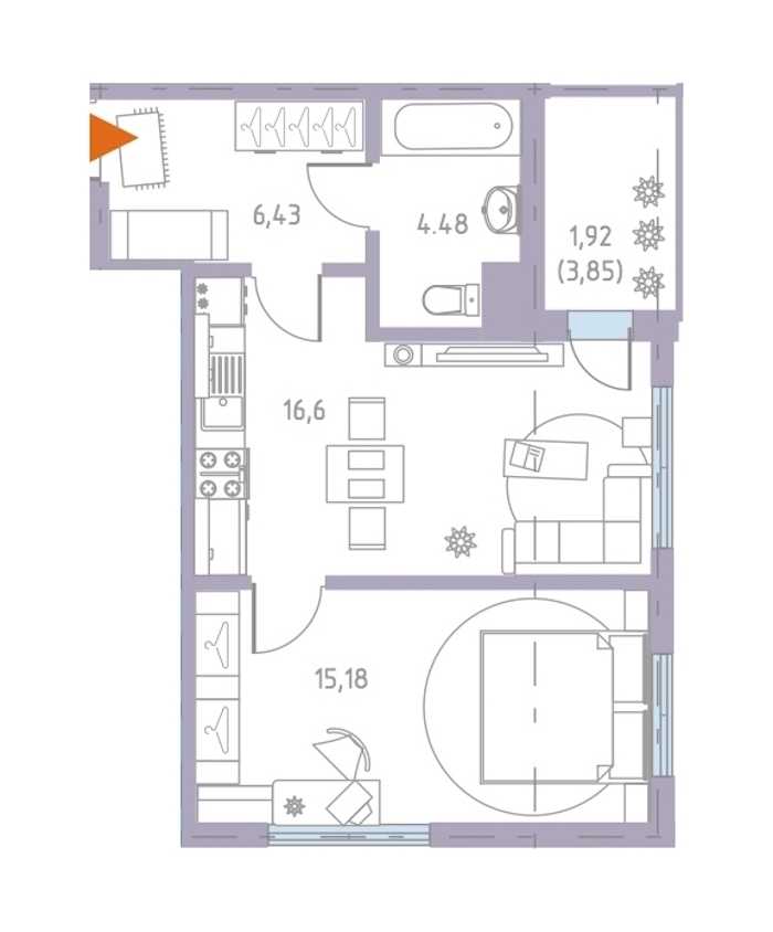 Однокомнатная квартира в : площадь 45.2 м2 , этаж: 6 – купить в Санкт-Петербурге